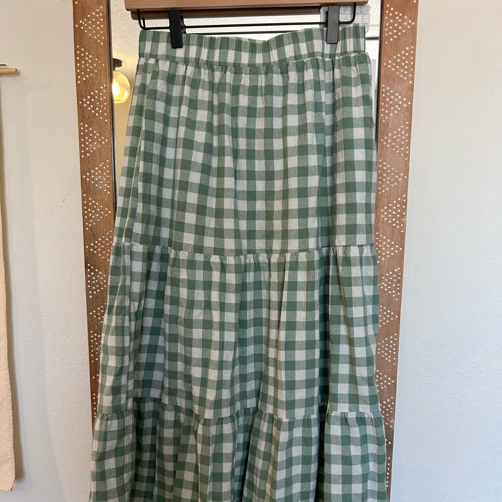 Green gingham tiered maxi skirt